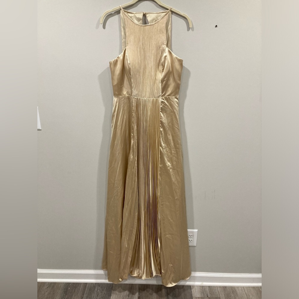 Hebeos NWT Gold Halter Style Bridesmaid Formal Dress Pleated Front Layered